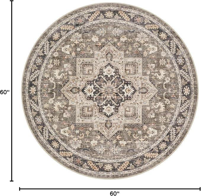 5ft Round Vintage Living Room Area Rug - 5x5 Large Soft Washable Oriental Traditional Distressed Farmhouse Rugs for Bedroom - Indoor Floor Accent Carpet for Home Office House Decor - Brown