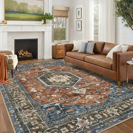 KUTA Living Room Rug 6x9 Brick Red, Washable Large Area Rugs 6ft x 9ft, Non-Slip Boho Printed Vintage Dining Room Carpet, Indoor Low-Pile Cozy Room Throw for Office Bedroom
