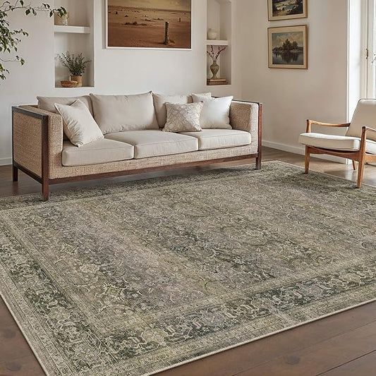 HUGEAR 6x9 Washable Area Rug Taupe Vintage Neutral Living Room Bedroom Rug Large Soft Non Slip Distressed Low Pile Carpet
