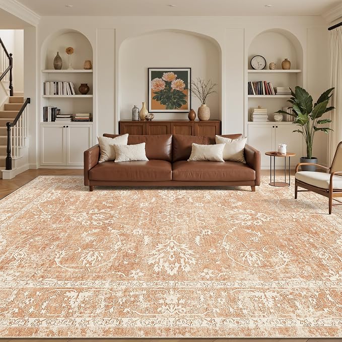 Madane 8x10 Area Rugs for Living Room, Machine Washable Vintage Rug with Non-Slip Backing, Soft Floral Print Large Throw Rugs, Thin Carpet for Bedroom Dining Room Farmhouse (8 x 10, Jasper Orange)