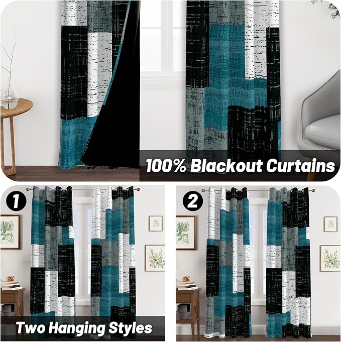 Tyrot Rustic Blue Grey 100% Blackout Curtains for Bedroom 96 inch Long 2 Panels Set Gray Modern Abstract Geometric Black Out Curtains Insulated Room Darkening Window Drapes for Living Room, 52Wx96L