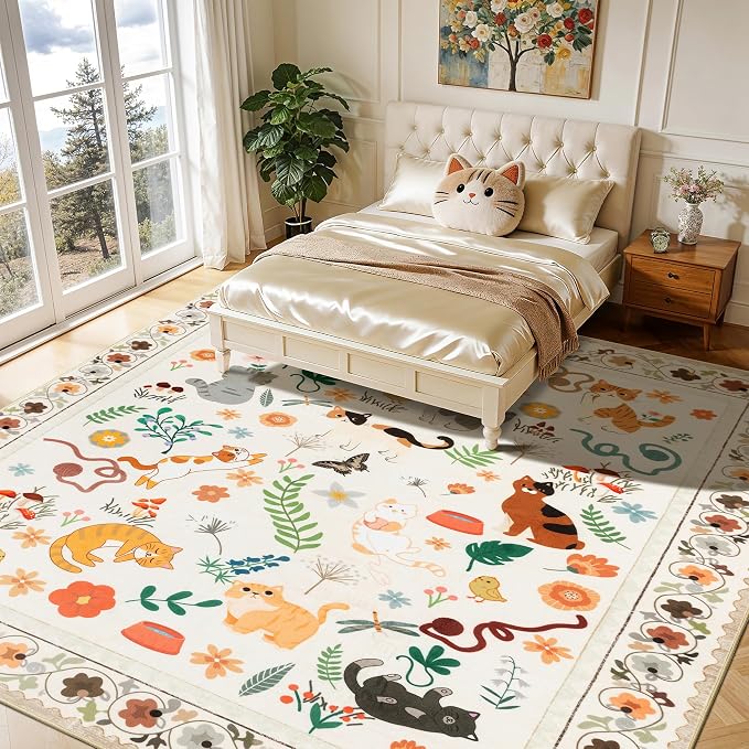 LIANLAM 8x10 Cat Lover's Area Rug, Washable Large Rug with Artistic Feline Design for Living Room & Bedroom, Pet Friendly Non-Slip Soft Carpet, Stain Resistant & Easy Clean(8x10,Beige)