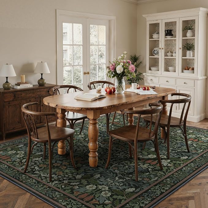 GENIMO 8x10 Washable Area Rugs for Living Room, Non Slip, Dark Green | Vintage Boho Floral Low Pile Thin Carpet for Bedroom, Dining Room, Nursery, Indoor Decor