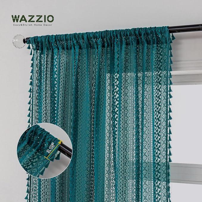 WAZZIO Boho Lace Curtains 96 Inches 2 Panel,Light Filtering Privacy Tassel & Geometry Crochet Semi Sheer Curtain Drapes for Bedroom Living Dining Room,Rod Pocket & Tassel,Coastal Style,Teal
