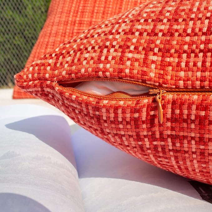 Kevin Textile Outdoor Waterproof Throw Pillow Covers 12x24 Inch Pack of 2 Woven Faux Linen Farmhouse Decorative Water Resistant Lumbar Cushion Covers for Tent Patio Garden Couch Sofa Red