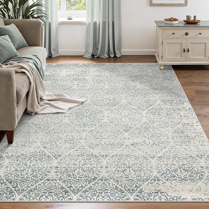 Soalmost 6x9 Area Rugs for Living Room, Moroccan Trellis Washable Soft Rug | Stain Resistant Non-Slip Low Pile Rug Soft Throw Carpet for Dining Room Bedroom Home Office Nursery Teal Blue, 6'x9'