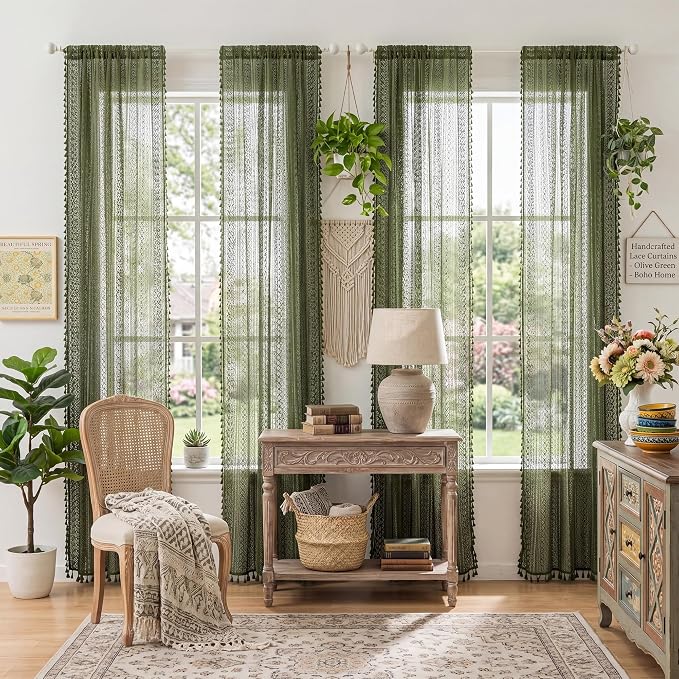 WAZZIO Boho Lace Curtains 84 Inches 2 Panel,Light Filtering Privacy Tassel & Geometry Crochet Semi Sheer Curtain Drapes for Bedroom Living Dining Room,Rod Pocket & Tassel,Olive Green