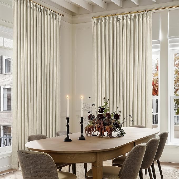 Extra Wide Pinch Pleat 100 x 90 Inch Linen Curtains for Living Room Neutral Beige Light Filtering Semi Sheer Pleated Curtains for Patio Glass Sliding Door Dining Bedroom Large Window 100x90 1 Panel