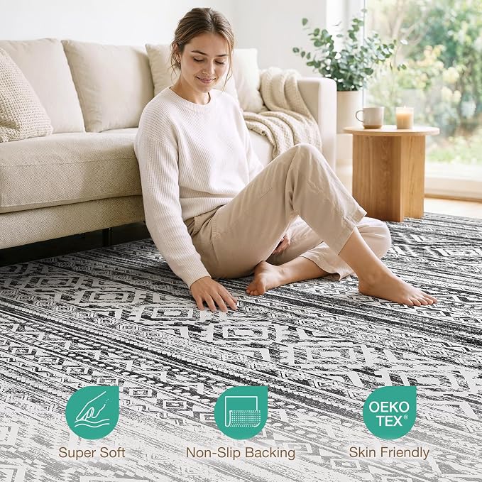 cotiled 5x7 Area Rugs Living Room Rug: Washable Boho Rugs with Non Slip Backing Large Soft Indoor Stain Resistant Carpet for Bedroom Farmhouse Dining Room Lightweight Home Decor White/Black