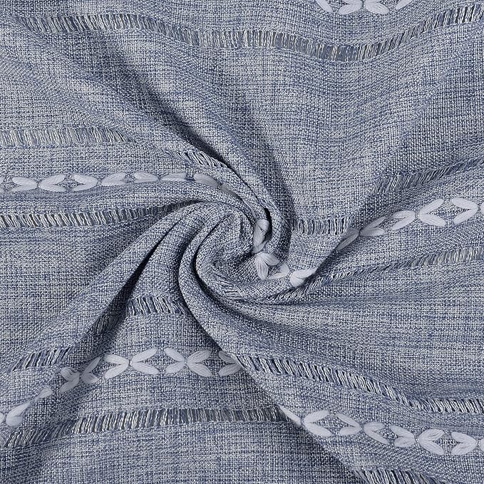 RoomTalks Boho Curtains for Bedroom Living Room 63 Inch Length Light Blue Country Farmhouse Cottage Window Curtain Panels Embroidery Striped Bohemian Tassel Draperies (63’’L x 52’’W, Blue)