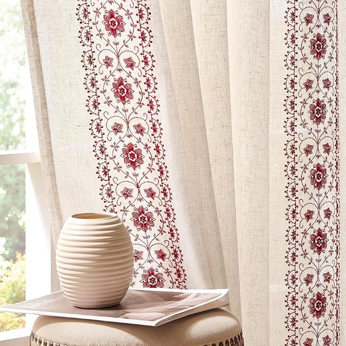 jinchan Boho Curtains for Bedroom Red Vintage Floral Farmhouse Curtains 63 Inch Linen Blend Drapes for Living Room Embroidered Light Filtering Drapes Rod Pocket Red on Beige 2 Panels