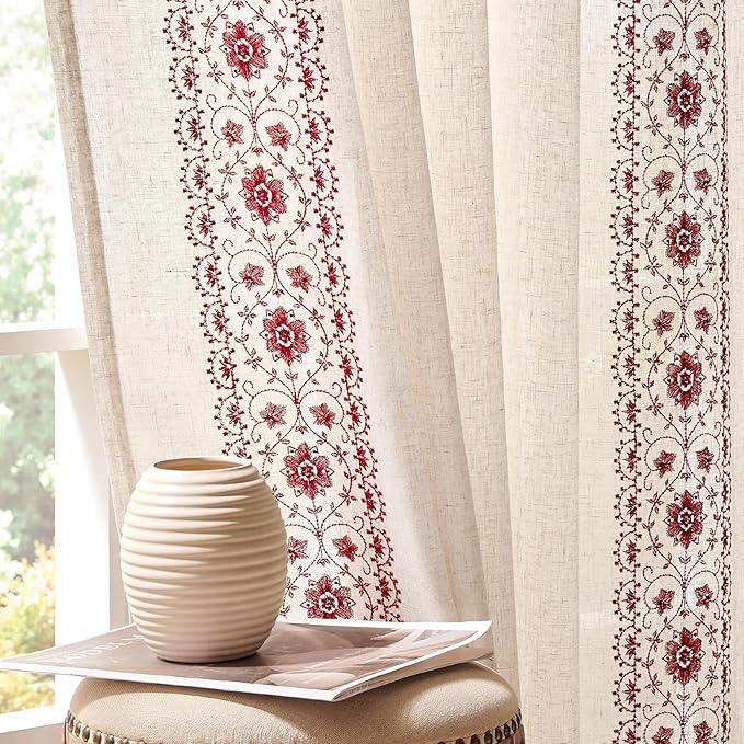 jinchan Boho Curtains for Bedroom Red Vintage Floral Farmhouse Curtains 96 Inches Long Linen Blend Drapes for Living Room Embroidered Light Filtering Drapes Rod Pocket Red on Beige 2 Panels