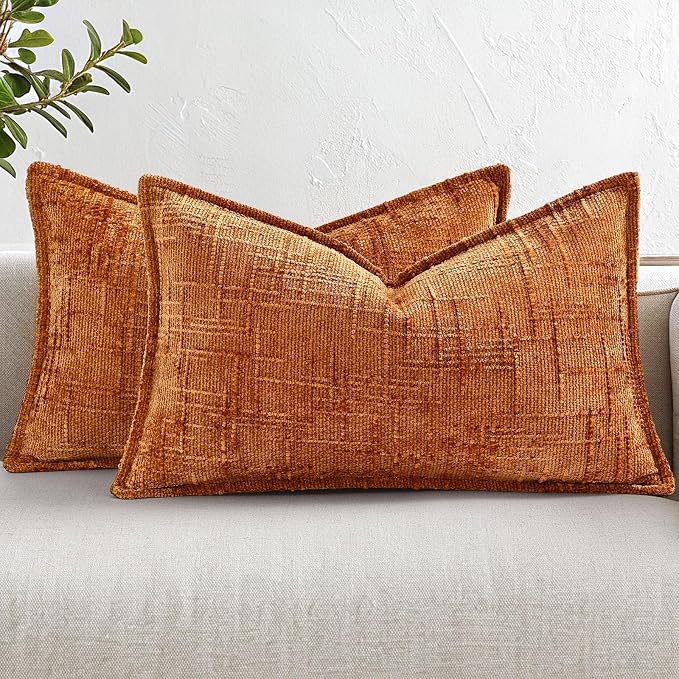 decorUhome Chenille Fall Throw Pillow Covers 12X20 Set of 2, Soft Textured Slubby Modern Decorative Pillow Covers with Elegant Design for Couch, Sofa, Living Room, Burnt Orange