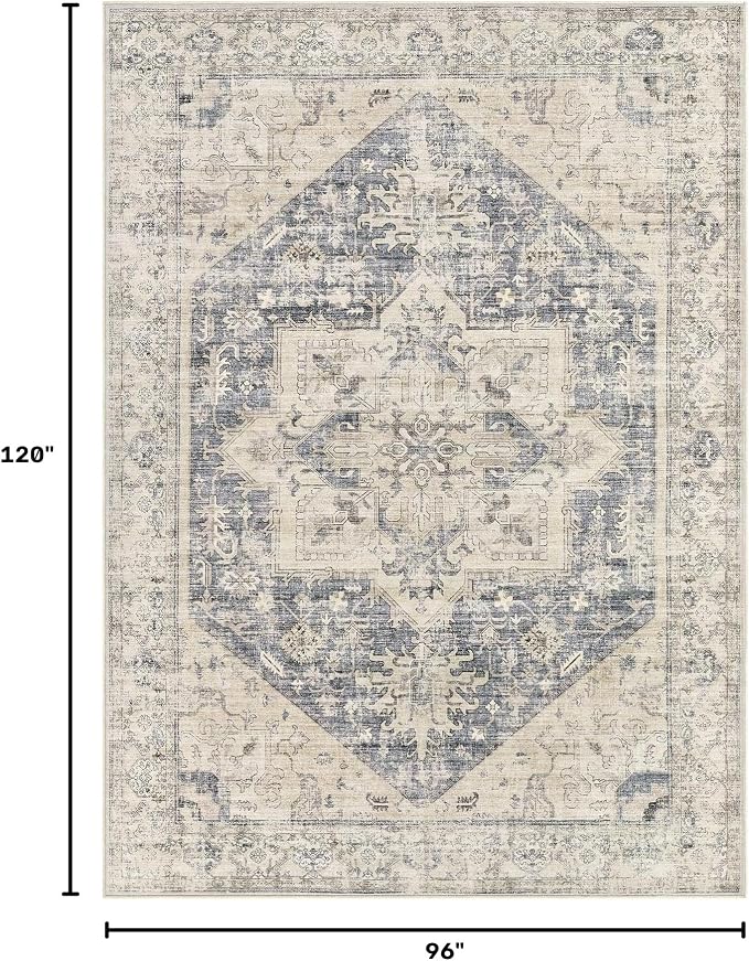 8x10 Area Rugs for Living Room - Large Carpet Ultra Thin Soft Washable Oriental Vintage Floral Distressed Big Indoor Carpets for Bedroom Nursery Dorm Home Decor Aesthetic - Blue Beige