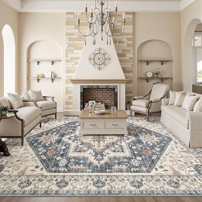10x12 Area Rug for Living Room- Machine Washable Soft Oriental Vintage Large Indoor Floor Carpet for Bedroom Under Dining Table Home Office Decor - Vintage Blue