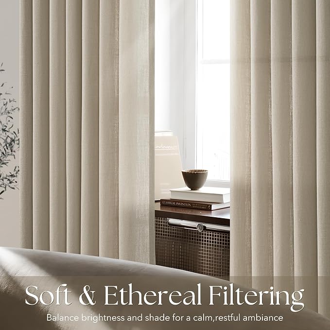Taupe Linen Curtains 108 inch Length 2 Panels for Living Room Light Filtering Semi Sheer Pleated Curtains with Hooks Burlap Textured Neutral Country Rustic Curtain Drapes Ceiling Floor Extra Long 108