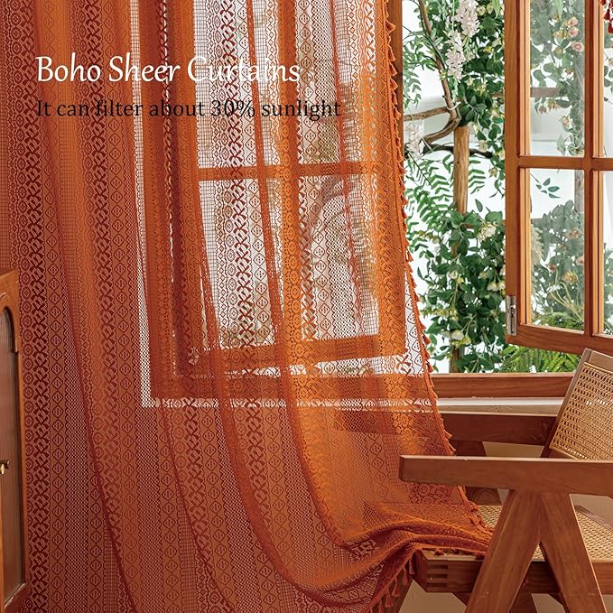 Sutuo Home Boho Lace Curtains 2 Panel Sets for Bedroom Living Room, Semi Sheer Curtains French Country Privacy Vintage Tassels Orange Victorian Style Rustic Decor Rod Pocket,50" x 96" Terracotta
