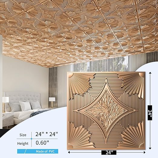 Art3d Drop Ceiling Tiles 24x24 in Bronze (24-Pack, 96 Sq.ft), 3D Wainscoting Panels Glue Up 2x2
