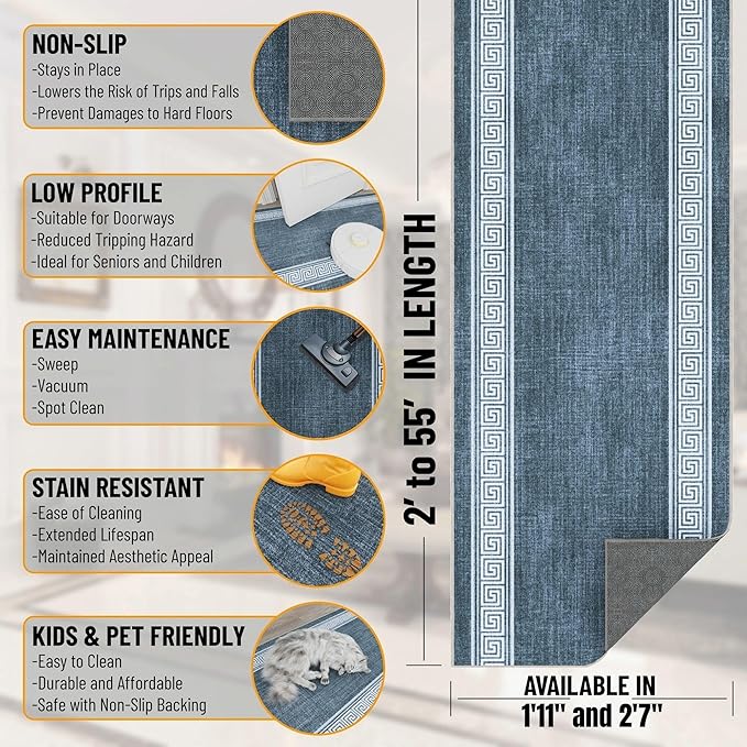 Ottomanson Aisle Runner Rug 2'7" x 26' – Soft Non-Slip Rug, Low Pile Carpet for Hallways, Events, Churches & Extra-Long Indoor Spaces, Greek Border Greyish Blue