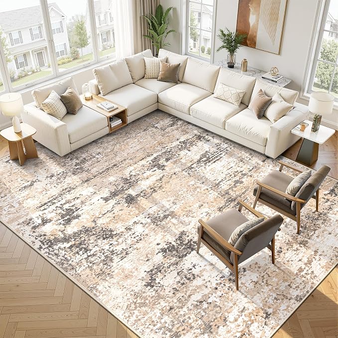 9x12 Area Rugs for Living Room: Washable Abstract Neutral Rug Large Modern Soft Non Slip Low Pile Rugs Floor Indoor Stain Resistant Carpet for Bedroom Dining Room Home Office (Light Brown, 9'x12')