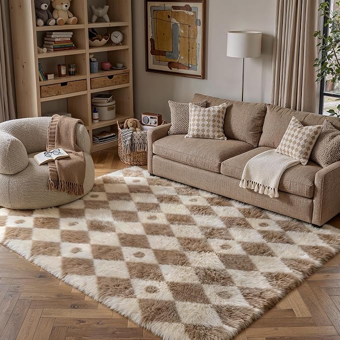 PureCozy Brown 5x8 Area Rug for Living Room Washable Non Slip Neutral Soft Bedroom Checkered Carpet Colorful Fluffy Modern Shag Fuzzy Indoor Large Aesthetic Bedroom Home Office Playroom Nursery