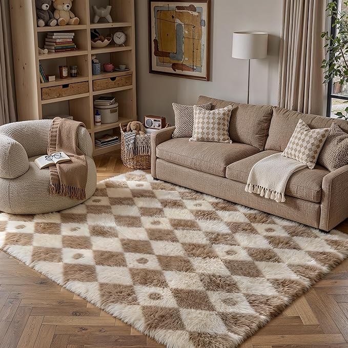 PureCozy Brown 5x7 Area Rug for Living Room Washable Non Slip Neutral Soft Bedroom Checkered Carpet Colorful Fluffy Modern Shag Fuzzy Indoor Large Aesthetic Bedroom Home Office Playroom Nursery