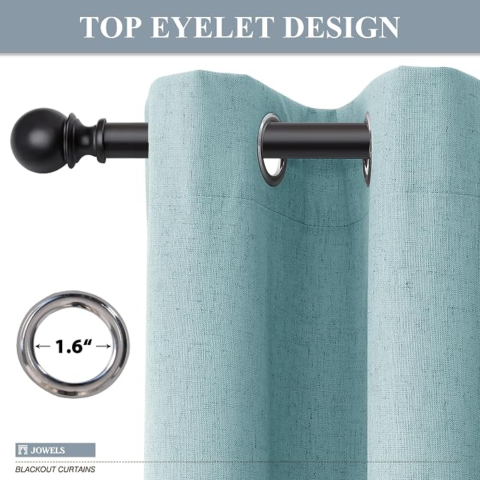 Jowels Light Blue Linen Blackout Curtains 102 Length 2 Panels Set for Living Room Bedroom, 100% Black Out Thermal Insulated Linen Drapes, Room Darkening Grommet Curtains 102 Inches Long Light Blue
