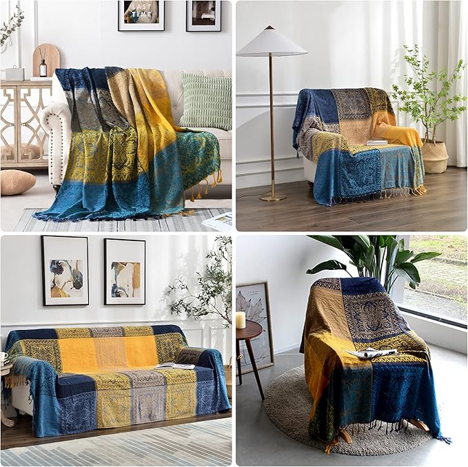 Bohemian Throw Blanket for Couch，Colorful Chenille Tassels Boho Woven Hippie Bed Blankets for Couch Sofa Chair Recliner Loveseat, Bohemian Fringe Tassels Decor Home (86" x 103")