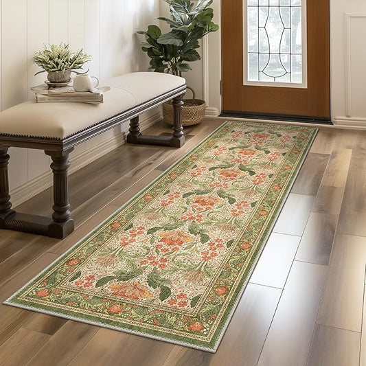 Bavni 2x6 Runner Rug, Microfiber Washable Non-Slip Vintage Floral Rugs, Low Pile Lightweight Carpet for Bedroom, Hallway, Entryway, Kitchen, Bathroom, Sage Green & Burnt Orange