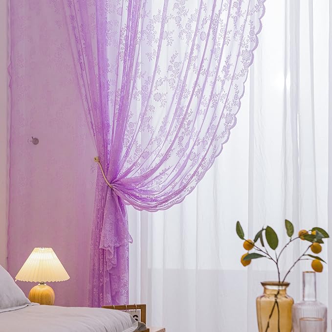 Sutuo Home Lace Curtains 2 Panels Set, Purple Sheer 45 Inch Long Window Floral Vintage Voile Window Panel Treatment for Bedroom/Living Room/Kitchen, Decor Rod Pocket W57 x L45