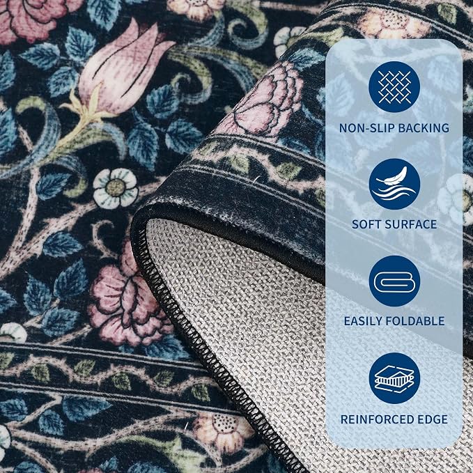 GarveeHome Indigo Blue Vintage Floral 2x6 Runner Rug Washable Kitchen Rugs Non Slip Boho Long Rug for Hallways Bedroom Entryway Bathroom Mat with Rubber Back