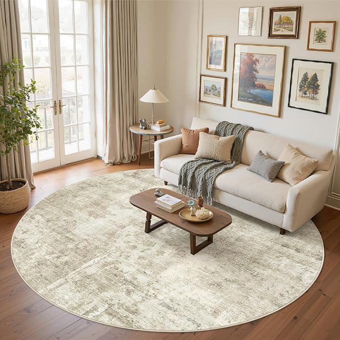 Soalmost 9x9 Beige Gray Round Rug 9ft Living Room Circle Rug Vintage Round Area Rug Non Slip Indoor Carpet for Apartment