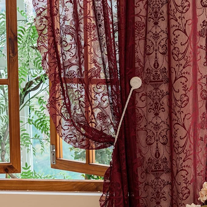 TUDECO Burgundy Kitchen Curtains 45 Inch Length - Chic Short Lace Sheer Cafe Curtains for Window Over Sink, Light Filtering Floral Ruffle Rod Pocket Small Bathroom Curtain Set of 2, 59 x 45 Inch