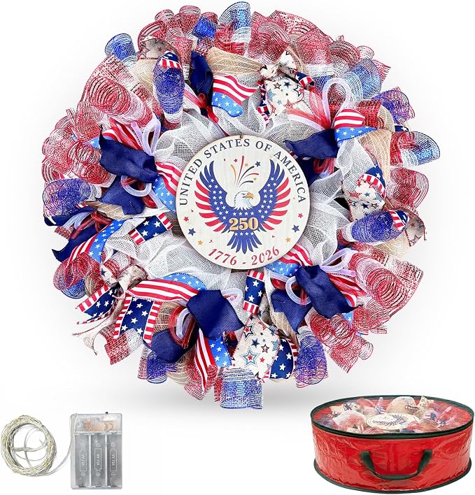 24 Inch Large Patriotic Wreaths for Front Door with Eagle Sign | Front Door Decor with Storage Bag, Veterans Day Decorations, American Wreath for Memorial Day, 4th of July, Independence Day