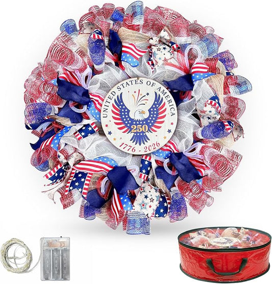 24 Inch Large Patriotic Wreaths for Front Door with Eagle Sign | Front Door Decor with Storage Bag, Veterans Day Decorations, American Wreath for Memorial Day, 4th of July, Independence Day
