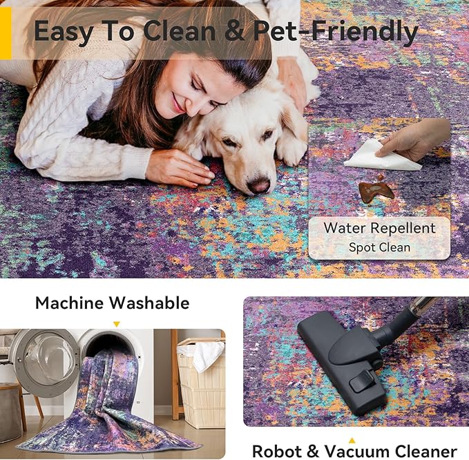RELEANY Washable Area Rugs 8'x10' Non-Slip Modern Abstract Soft for Living Room Entryway Bedroom Kitchen, Print Pattern, Purple Orange Blue Green Rust Red Colorful