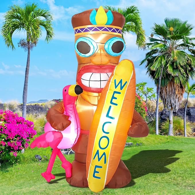 Shappy 5 FT Inflatable Tiki Flamingo Decoration with LED Lights, Hawaiian Luau Party Decor, Tropical Tiki Totem Blow Up for Summer Beach Party, Outdoor Yard Lawn Garden Decoration