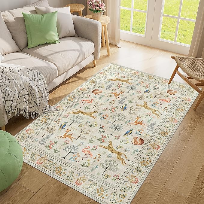 DUKINO 4x6 Rug, Washable Animal Area Rug with Non Slip Vintage Design, Indoor Soft Low Pile Carpet for Bedroom, Nursery, Dining Room, Farmhouse, Playroom, White