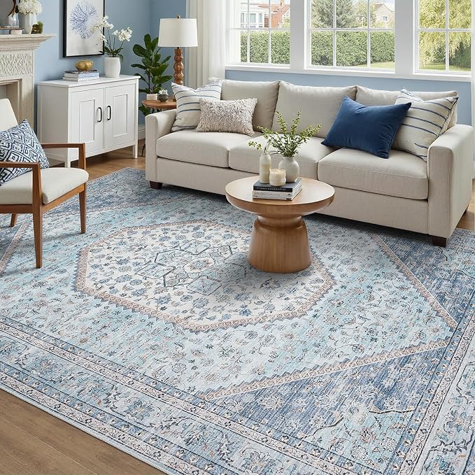 DCX Machine Washable Blue Rugs for Living Room 9x12, Non Slip Stain Resistant Vintage Floral Rug for Bedroom Nursery, Soft Low Pile Large Carpet