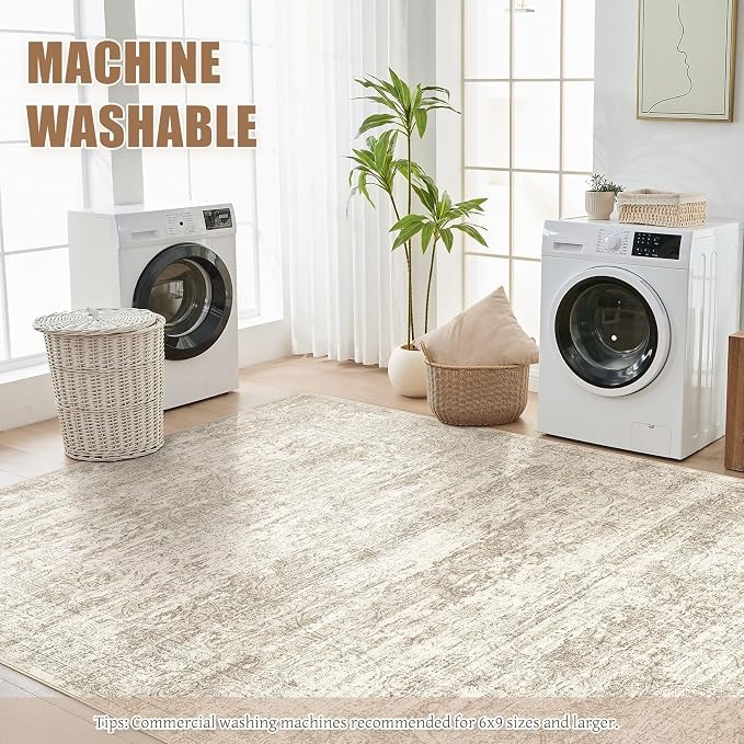 DMOYEST Area Rug Living Room Rugs - 9x12 Abstract Large Soft Indoor Washable Rug Neutral Modern Low Pile Carpet for Bedroom Dining Room Farmhouse Home Office - Vintage Beige