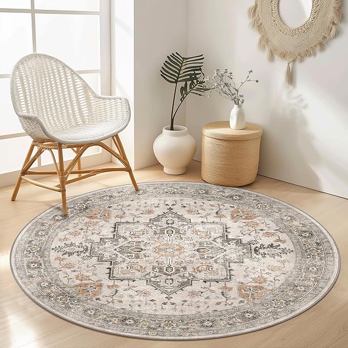GENIMO 6FT Round Area Rugs for Living Room, Circle Rugs Machine Washable Low Pile, Non Slip Vintage Rug for Bedroom, Dining Room, Home Office, Light Taupe Brown