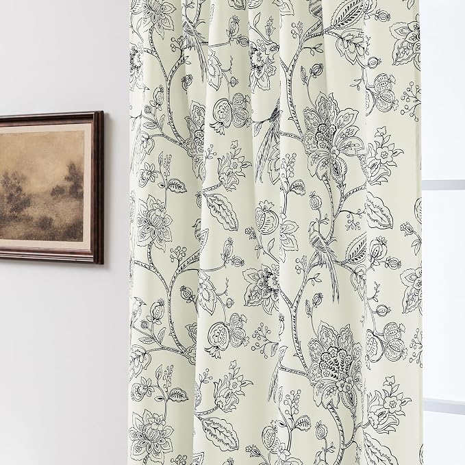 Black and Cream White Curtains for Laundry Room Office Windows, Toile Floral Botanical Semi Blackout Modern Farmhouse Curtains for Breakfast Nook Bedroom, 50 Inch Wide x 63 Inch Length 2 Panels Set