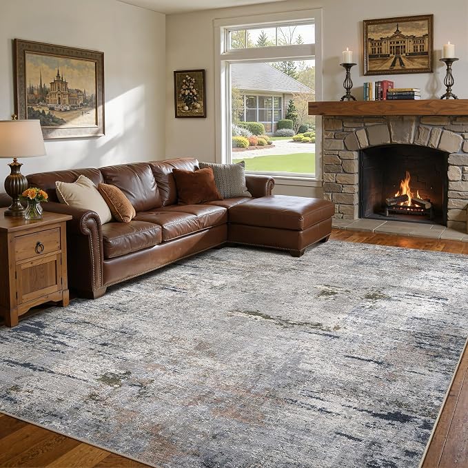 DMOYEST Area Rug Living Room Rugs - 10x14 Washable Large Soft Indoor Neutral Modern Abstract Low Pile Rug Carpet for Bedroom Dining Room Farmhouse Home Office - Blue/Grey/Brown