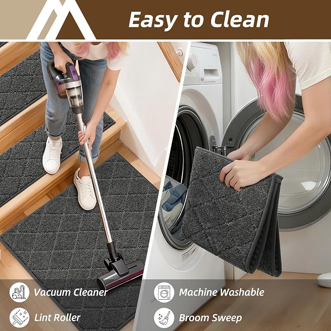 COSY HOMEER Edging Stair Treads Non-Slip Corner Indoor Stair Runners for Wooden Steps,Landing Slip Resistant Stair Rugs Mat for Kids and Dogs,100% Polyester TPE Backing,Black,30x30 inch