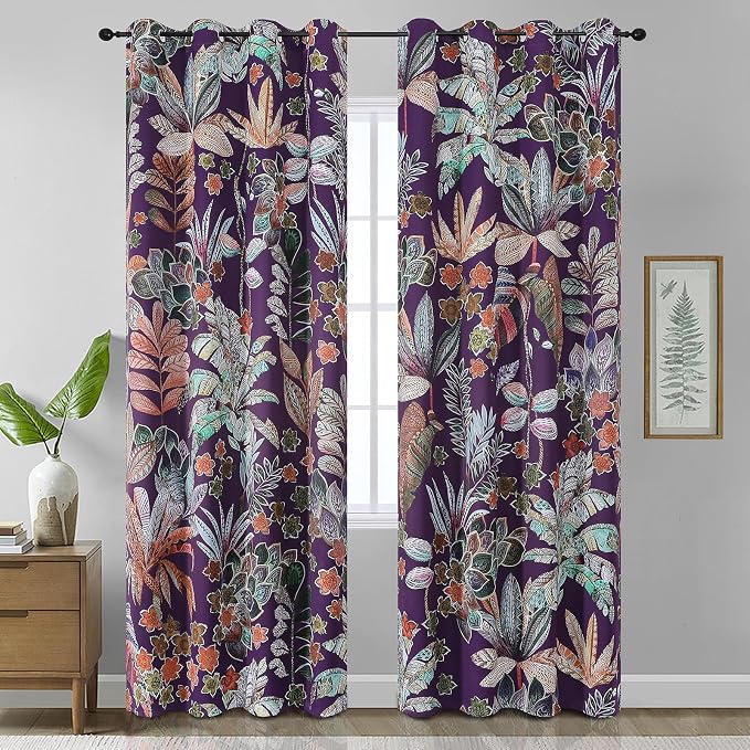Estelar Textiler Purple Boho Blackout Floral Curtains 108 inch Long for Living Room,Energy Saving Window Treatment Room Darkening Grommet Thermal Insulated Curtains for Bedroom 2 Panels Set,52Wx108L