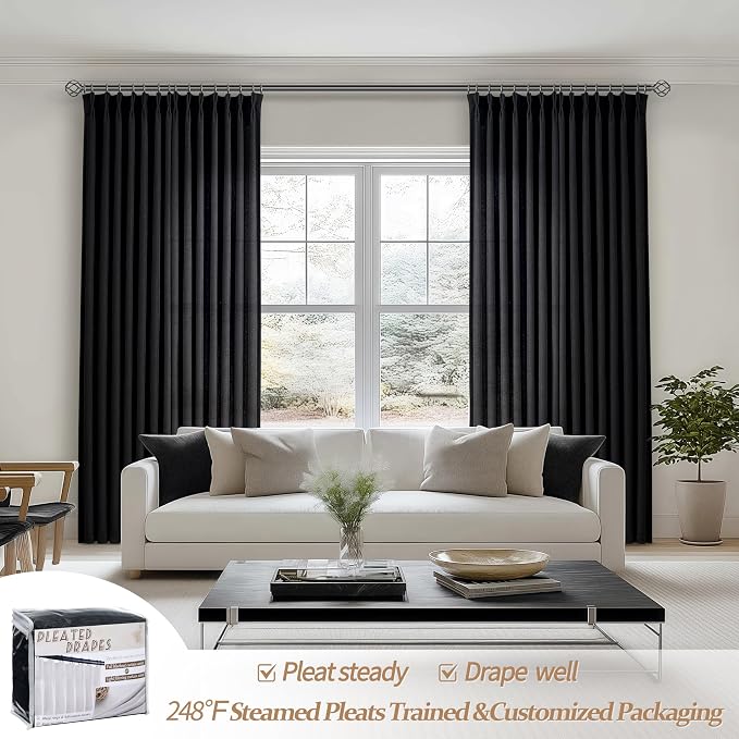 Black Viral Sheer Curtains 84 Inches Long for Living Room 2 Panels Set, Modern Pinch Pleat Textured Linen Bedroom Curtain Light Filtering Privacy Aesthetic Window Drapes for Ceiling Track 84 Inch Burg