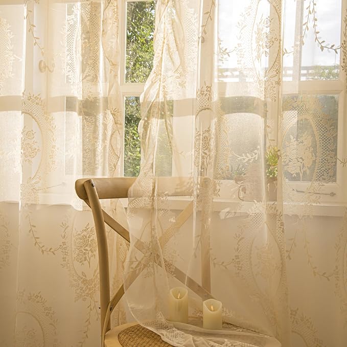 Sutuo Home Beige Lace Curtains 2 Panels for Bedroom Living Room 108 Inches Long, Vintage Embroidered Floral Rose Sheer Curtains, Privacy Shabby Chic Windows Treatment Pair, Rod Pocket, W57 x L108