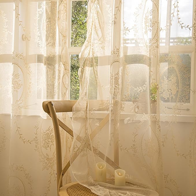 Sutuo Home Beige Lace Curtains Set of 2, Sheer Panels 63 Inch Length Rose Floral Embroidery Vintage Voile Window Treatment Pair for Bedroom Living Room, Shabby Chic Decor Rod Pocket, W57 x L63