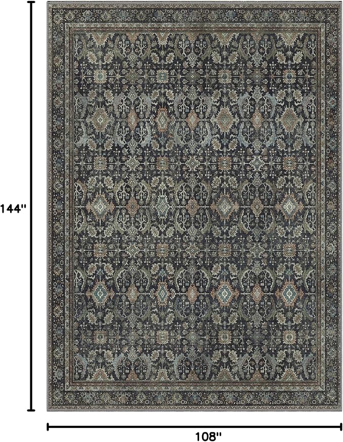 GENIMO 9x12 Area Rugs for Living Room, Machine Washable Non Slip Vintage Rugs, Low Pile Lightweight Chenille Print Rug for Bedroom, Dining Room, Home Office, Black