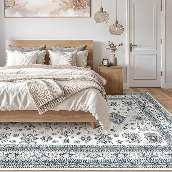 Vintage Living Room Area Rug 5x7 - Large Soft Washable Oriental Traditional Distressed Farmhouse Rugs for Bedroom - Indoor Floor Accent Carpet for Home Office House Decor - Powder Blue